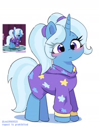 Size: 1673x2143 | Tagged: safe, artist:leo19969525, trixie (mlp), equine, fictional species, mammal, pony, unicorn, friendship is magic, hasbro, my little pony, alternate hairstyle, babysitter trixie, blushing, clothes, cute, ears, eye through hair, eyebrow through hair, eyebrows, female, frowning, hair, hoodie, horn, mane, mare, pigtails, purple eyes, shadow, signature, simple background, solo, solo female, stars, tail, topwear, twintails, white background