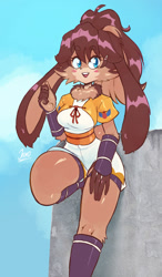 Size: 1280x2193 | Tagged: safe, artist:jamoart, lop (star wars: visions), lagomorph, mammal, rabbit, anthro, star wars, star wars: visions, 2023, blue eyes, breasts, brown body, brown fur, brown hair, cheek fluff, clothes, ears, eyebrow through hair, eyebrows, eyelashes, female, floppy ears, fluff, fur, glistening, glistening body, glistening clothing, hair, lepi, long ears, looking at you, neck fluff, open mouth, open smile, ponytail, smiling, solo, solo female, tan body, tan fur
