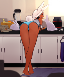 Size: 1752x2103 | Tagged: safe, artist:pudge ruffian, animal humanoid, fictional species, lagomorph, mammal, rabbit, feral, humanoid, lifelike feral, my hero academia (series), 2023, bedroom eyes, bent over, breasts, butt, carrot, clothes, detailed background, digital art, ears, eyelashes, female, food, fur, holding, miruko (my hero academia), mouth hold, non-sapient, panties, realistic, rear view, shirt, solo, solo female, tail, thighs, topwear, underwear, vegetables, wide hips