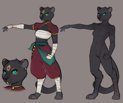 Size: 1280x1069 | Tagged: safe, artist:pudge ruffian, oc, oc only, cat, feline, fictional species, mammal, tabaxi, anthro, digitigrade anthro, dungeons & dragons, 2022, bandage, belly button, black body, black fur, bottomwear, breasts, clothes, cyan eyes, digital art, ears, eyelashes, female, fur, pants, paws, shirt, simple background, sketch, solo, solo female, standing, tail, thighs, topwear, wide hips