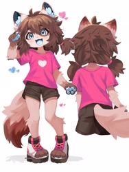 Size: 1536x2048 | Tagged: safe, artist:chinjireta, oc, oc only, canine, dog, mammal, anthro, brown body, brown fur, brown hair, clothes, ears, female, fur, hair, kemono, open mouth, paws, shoes, simple background, solo, solo female, tail, toes, white background