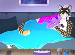 Size: 3000x2200 | Tagged: safe, artist:thatblackfox, oc, oc only, cheetah, feline, lagomorph, mammal, rabbit, anthro, anthro/anthro, big ears, black body, black fur, blanket, couch, couple, cream body, cream fur, cream hair, cuddling, date, digital art, drink, duo, duo male and female, ear fluff, ears, eyes closed, female, fluff, fur, hair, horns, hug, indoors, love, lying down, male, male/female, movie, night, paws, pink body, pink fur, popcorn, purple body, purple fur, purple hair, relaxing, size difference, snuggling, soda, spots, spotted fur, tail, tan body, tan fur, tv, yellow eyes, yellow nose