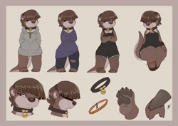 Size: 3100x2200 | Tagged: safe, artist:louart, mammal, mustelid, otter, anthro, bottomwear, brown body, brown fur, brown hair, clothes, collar, crying, digital art, dress, ears, female, fishnet, fishnet stockings, fur, hair, hoodie, legwear, magenta eyes, pants, paw pads, paws, reference sheet, see-through, shirt, solo, solo female, stockings, suspenders, tail, tears, topwear