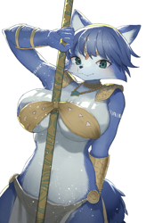 Size: 1314x2000 | Tagged: safe, artist:passionpit777, krystal (star fox), canine, fox, mammal, anthro, nintendo, star fox, 2023, belly button, between breasts, bikini, bikini top, breasts, clothes, digital art, ears, eyelashes, female, hair, huge breasts, krystal's staff, loincloth, looking at you, pose, simple background, solo, solo female, swimsuit, tail, thighs, tribal markings, tribal outfit, vixen, white background, wide hips