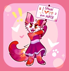 Size: 959x991 | Tagged: safe, artist:risavisven, canine, fox, mammal, 2023, abstract background, bottomwear, clothes, dress, english text, female, fluff, holding, holding object, lesbian pride flag, looking at you, pride flag, sign, smiling, solo, solo female, standing, text, vixen