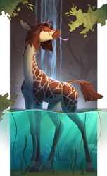 Size: 730x1200 | Tagged: safe, artist:yakovlev-vad, giraffe, mammal, feral, art fight, 2023, artfight 2023, brown body, brown fur, brown hair, cloven hooves, cream body, cream fur, cute, digital art, ears, eyes closed, female, fur, hair, hooves, horns, outdoors, solo, solo female, spots, spotted fur, standing, tail, tail tuft, tongue, tongue out, water, waterfall