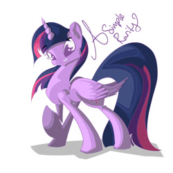 Size: 894x894 | Tagged: safe, artist:asimplerarity, twilight sparkle (mlp), alicorn, equine, fictional species, mammal, pony, feral, friendship is magic, hasbro, my little pony, 2015, 2d, female, fur, grin, mare, multicolored mane, multicolored tail, purple body, purple eyes, purple fur, signature, simple background, solo, solo female, tail, ungulate, white background