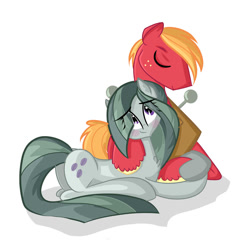 Size: 894x894 | Tagged: safe, artist:asimplerarity, big macintosh (mlp), marble pie (mlp), earth pony, equine, fictional species, mammal, pony, feral, friendship is magic, hasbro, my little pony, 2015, 2d, blushing, cute, duo, duo male and female, eye through hair, eyes closed, female, fur, gray body, gray fur, hair, lying down, male, male/female, mane, marblemac (mlp), mare, multicolored hair, multicolored mane, multicolored tail, orange hair, orange mane, orange tail, purple eyes, red body, red fur, shipping, simple background, smiling, stallion, tail, two toned hair, two toned tail, white background