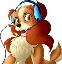Size: 880x908 | Tagged: safe, artist:asimplerarity, lady (lady and the tramp), canine, cocker spaniel, dog, mammal, spaniel, feral, disney, lady and the tramp, 2017, 2d, collar, female, front view, fur, headphones, headwear, looking at you, multicolored body, multicolored fur, open mouth, solo, solo female, three-quarter view, two toned body, two toned fur, yellow eyes