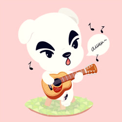 Size: 894x894 | Tagged: safe, artist:talicedraws, k.k. slider (animal crossing), canine, dog, jack russell terrier, mammal, terrier, semi-anthro, animal crossing, nintendo, 2d, guitar, holding, holding musical instrument, holding object, male, musical instrument, musical note, on model, open mouth, paw pads, paws, pink background, playing musical instrument, signature, simple background, singing, sitting, solo, solo male, speech bubble, stool