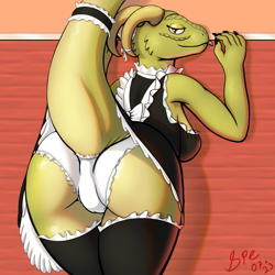 Size: 2048x2048 | Tagged: suggestive, alternate version, artist:spe, argonian, fictional species, reptile, anthro, the elder scrolls, 2023, bedroom eyes, big tail, bottomwear, butt, clothes, digital art, dress, female, legwear, looking at you, maid outfit, panties, raised tail, rear view, skirt, solo, solo female, stockings, tail, underwear, upskirt, white panties