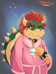 Size: 827x1088 | Tagged: safe, artist:walliscolours, bowser (mario), fictional species, koopa, reptile, semi-anthro, mario (series), nintendo, 2014, 2d, clothes, coffee, coffee mug, collar, drink, femboy, front view, frowning, grumpy, male, mug, robe, solo, solo male, spiked collar, three-quarter view