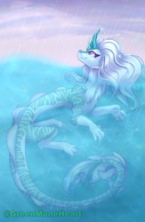 Size: 585x900 | Tagged: safe, artist:greenmaneheart, sisu (raya and the last dragon), dragon, eastern dragon, fictional species, furred dragon, feral, disney, raya and the last dragon, 2d, cute, dragoness, female, looking up, partially submerged, rain, smiling, solo, solo female, water, wholesome