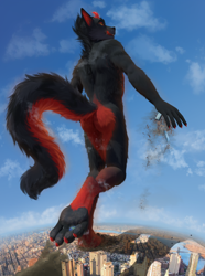 Size: 1572x2114 | Tagged: species needed, safe, artist:lapushis, oc, mammal, anthro, digitigrade anthro, big, black body, black fur, city, cityscape, destruction, dominant, ears, fur, giant, glowing, horns, licking, macro, male, outdoors, paw prints, paws, planet, red body, red fur, rubble, smirk, solo, solo male, tail, toe ring, tongue, tongue out, walking