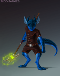 Size: 1704x2163 | Tagged: safe, artist:shido-tara, oc, fictional species, kobold, reptile, anthro, blue body, claws, clothes, commission, ears, gray background, green eyes, horns, leather clothing, magic, magic aura, male, paws, scales, simple background, solo, solo male, staff, tail
