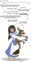 Size: 500x1003 | Tagged: safe, artist:valsalia, kassen akoll (out-of-placers), fictional species, human, mammal, yinglet, feral, the out-of-placers, bottomwear, brown body, brown fur, brown hair, clothes, digital art, dress, duo, ears, eyes closed, female, fur, hair, hug, nudity, open mouth, shoes, siblings, sister, sisters, speech bubble, tail, text