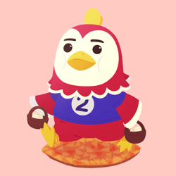 Size: 894x894 | Tagged: safe, artist:talicedraws, benedict (animal crossing), bird, chicken, galliform, semi-anthro, animal crossing, nintendo, 2d, basket, clothes, container, egg, holding, holding container, holding object, male, on model, pink background, rooster, shirt, signature, simple background, solo, solo male, t-shirt, topwear, walking