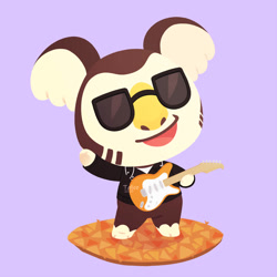 Size: 894x894 | Tagged: safe, artist:talicedraws, koala, mammal, marsupial, semi-anthro, animal crossing, nintendo, 2d, electric guitar, eugene (animal crossing), glasses, guitar, holding, holding musical instrument, holding object, male, musical instrument, on model, open mouth, playing musical instrument, purple background, signature, simple background, solo, solo male, standing, sunglasses