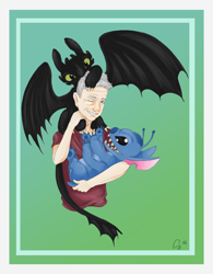 Size: 2350x3015 | Tagged: safe, artist:cassadrachan, chris sanders, stitch (lilo & stitch), toothless (httyd), alien, dragon, experiment (lilo & stitch), fictional species, human, mammal, night fury, western dragon, cc by-nd, creative commons, disney, dreamworks animation, how to train your dragon, lilo & stitch, 2016, 4 fingers, 5 fingers, antennae, black body, black scales, blue body, blue claws, blue eyes, blue fur, blue nose, blue paw pads, border, carrying, claws, clothes, colored sclera, crossover, dipstick antennae, ears, fingers, fur, gradient background, gray hair, green sclera, group, hair, male, multicolored antennae, on shoulders, one eye closed, open mouth, open smile, paw pads, paws, scales, short tail, simple background, smiling, tail, toe claws, toes, torn ear, webbed wings, white border, white claws, wings