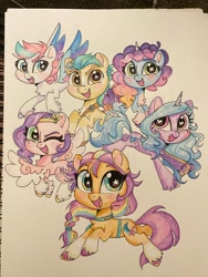 Size: 1536x2048 | Tagged: safe, artist:swirlmlp69768, hitch trailblazer (mlp), izzy moonbow (mlp), misty (mlp g5), pipp petals (mlp), sunny starscout (mlp), zipp storm (mlp), earth pony, equine, fictional species, mammal, pegasus, pony, unicorn, hasbro, my little pony, my little pony g5, spoiler:my little pony g5, blushing, bracelet, cute, flying, freckles, friendship bracelet, group, heart, heart eyes, hooves, horn, jewelry, looking at you, one eye closed, open mouth, open smile, rebirth misty, smiling, spread wings, starry eyes, tail, traditional art, unshorn fetlocks, wingding eyes, wings, winking