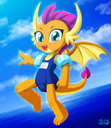 Size: 832x961 | Tagged: safe, artist:uotapo, smolder (mlp), dragon, fictional species, western dragon, semi-anthro, friendship is magic, hasbro, my little pony, 2019, 2d, blue eyes, blushing, clothes, cute, dragon wings, dragoness, female, looking at you, open mouth, open smile, orange body, school swimsuit, smiling, smiling at you, solo, solo female, swimsuit, water, yellow belly