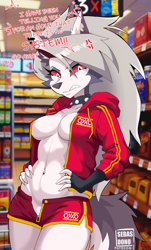 Size: 2422x4000 | Tagged: safe, artist:sebasdono, loona (vivzmind), canine, fictional species, hellhound, mammal, anthro, hazbin hotel, helluva boss, 2023, absolute cleavage, annoyed, areola, areola slip, bare chest, belly button, bottomwear, braless, breasts, choker, cleavage, clothes, colored sclera, dialogue, ears, female, fingerless gloves, gloves, gray hair, hair, hand on hip, hoodie, indoors, long hair, looking at you, open clothes, red sclera, short shorts, shorts, solo, solo female, spiked choker, store, tail, talking, thighs, topwear, unzipped