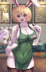 Size: 2520x3994 | Tagged: safe, artist:klopsiak, carrot (one piece), lagomorph, mammal, rabbit, anthro, one piece, 2022, apron, big breasts, blushing, breasts, cafe, clothes, detailed background, digital art, ears, eyelashes, female, fur, hair, i mean breast milk, legwear, meme, naked apron, nudity, open mouth, partial nudity, pink nose, pose, solo, solo female, stockings, tail, thighs, tongue, wide hips
