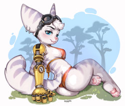 Size: 1900x1600 | Tagged: safe, artist:spuydjeks, rivet (r&c), fictional species, lombax, mammal, anthro, ratchet & clank, 2023, adorasexy, bikini, biting, blushing, border, breasts, butt, clothes, cute, cute little fangs, fangs, female, goggles, goggles on head, lip biting, looking at you, looking back, looking back at you, mechanical arm, paw pads, paws, prosthetic arm, prosthetics, sexy, sideboob, solo, solo female, swimsuit, tail, teeth, white border