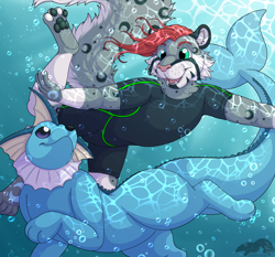 Size: 3000x2800 | Tagged: safe, artist:thatblackfox, oc, big cat, canine, dog, eeveelution, feline, fictional species, fish, leopard, mammal, snow leopard, vaporeon, anthro, feral, nintendo, pokémon, aquatic, blue body, blue eyes, bubbles, clothes, digital art, duo, ears, floating, fur, gray body, gray fur, green eyes, hair, heterochromia, looking at each other, male, ocean, open mouth, outdoors, paw pads, paws, purple eyes, red hair, spots, spotted fur, suit, swimming, tail, teeth, tongue, underwater, water, wet, wetsuit
