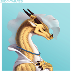 Size: 1920x1920 | Tagged: safe, artist:shido-tara, dragon, fictional species, reptile, sandwing, wings of fire (book series), black eyes, border, bust, cloak, dragoness, ear piercing, female, gold, horns, jewelry, looking at you, nose piercing, piercing, portrait, scales, simple background, smiling, solo, solo female, white border, yellow body