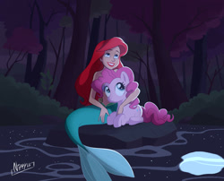 Size: 1024x829 | Tagged: safe, artist:nippy13, ariel (the little mermaid), pinkie pie (mlp), earth pony, equine, fictional species, fish, mammal, mermaid, pony, humanoid, disney, friendship is magic, hasbro, my little pony, the little mermaid (disney), 2016, blue eyes, crossover, eyelashes, female, females only, fins, hair, long hair, mare, mermaid tail, on model, red hair, seashell bra, smiling, tail