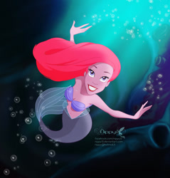 Size: 1024x1072 | Tagged: safe, artist:nippy13, ariel (the little mermaid), fictional species, fish, mammal, mermaid, humanoid, disney, the little mermaid (disney), 2010, blue eyes, bubbles, eyelashes, female, hair, mermaid tail, on model, red hair, seashell bra, smiling, solo, solo female, tail, underwater, water