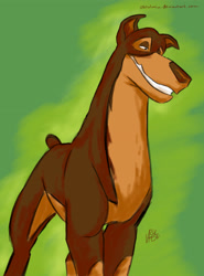 Size: 2073x2797 | Tagged: safe, artist:varulmin, buster (lady and the tramp), canine, doberman, dog, mammal, feral, disney, lady and the tramp, black body, black fur, brown body, brown fur, fur, green background, male, simple background, smiling, solo, solo male
