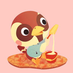 Size: 894x894 | Tagged: safe, artist:talicedraws, bird, songbird, sparrow, semi-anthro, animal crossing, nintendo, 2d, beak, bucket, clothes, holding, holding object, male, on model, open beak, open mouth, pink background, sand, shirt, signature, simple background, sitting, solo, solo male, sparro (animal crossing), topwear