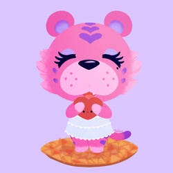 Size: 894x894 | Tagged: safe, artist:talicedraws, claudia (animal crossing), big cat, feline, mammal, tiger, semi-anthro, animal crossing, nintendo, 2d, bottomwear, clothes, dress, eyes closed, female, heart, holding, holding object, on model, open mouth, purple background, signature, simple background, solo, solo female, standing, tigress