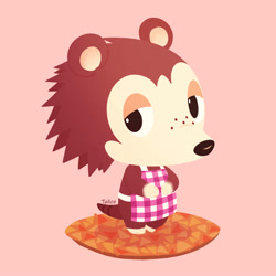 Size: 894x894 | Tagged: safe, artist:talicedraws, sable (animal crossing), hedgehog, mammal, semi-anthro, animal crossing, nintendo, 2d, apron, clothes, female, looking at you, on model, pink background, signature, simple background, solo, solo female