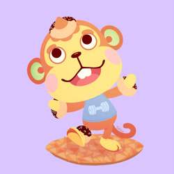 Size: 894x894 | Tagged: safe, artist:talicedraws, mammal, monkey, primate, semi-anthro, animal crossing, nintendo, 2d, clothes, doughnut, flip (animal crossing), food, male, on model, open mouth, purple background, signature, simple background, solo, solo male, tank top, topwear