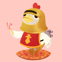 Size: 894x894 | Tagged: safe, artist:talicedraws, bird, chicken, galliform, semi-anthro, animal crossing, nintendo, 2d, candy, food, holding, holding candy, holding food, holding lollipop, holding object, knox (animal crossing), lollipop, male, on model, pink background, rooster, running, signature, simple background, solo, solo male