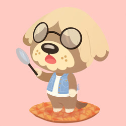 Size: 894x894 | Tagged: safe, artist:talicedraws, shep (animal crossing), canine, dog, mammal, semi-anthro, animal crossing, nintendo, 2d, clothes, glasses, holding, holding object, jacket, magnifying glass, male, on model, open mouth, pink background, round glasses, sheepdog, signature, simple background, solo, solo male, standing, topwear