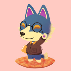 Size: 894x894 | Tagged: safe, artist:talicedraws, wolfgang (animal crossing), canine, mammal, wolf, semi-anthro, animal crossing, nintendo, 2d, book, clothes, eyes closed, glasses, holding, holding book, holding object, male, on model, paw pads, paws, pink background, round glasses, signature, simple background, smiling, solo, solo male, standing, sweater, topwear