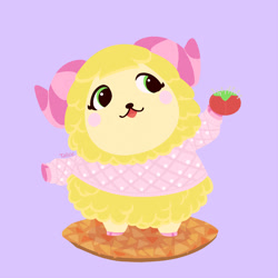 Size: 894x894 | Tagged: safe, artist:talicedraws, willow (animal crossing), bovid, caprine, mammal, sheep, semi-anthro, animal crossing, nintendo, 2d, apple, clothes, ewe, female, food, fruit, holding, holding food, holding object, on model, open mouth, purple background, signature, simple background, solo, solo female, standing, sweater, topwear