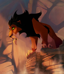 Size: 834x958 | Tagged: safe, artist:antrague, scar (the lion king), big cat, feline, lion, mammal, feral, disney, the lion king, cliff, gorge, ledge, male, mourning, solo, solo male