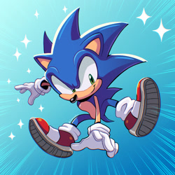 Size: 1280x1280 | Tagged: safe, artist:gaminggoru, sonic the hedgehog (sonic), hedgehog, mammal, anthro, sega, sonic frontiers, sonic the hedgehog (series), 2022, blue background, clothes, gloves, green eyes, male, quills, redraw, simple background, smiling, sneakers, solo, solo male, tail