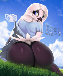 Size: 1055x1280 | Tagged: suggestive, artist:tffeathers, oc, oc:vivian (tffeathers), bird, anthro, beak, blue eyes, bottomwear, butt, clothes, digital art, disembodied hand, feathers, female, hair, huge butt, looking at you, looking back, looking back at you, open mouth, outdoors, sitting, skirt, skirt lift, solo, solo female, tail, tail feathers, text, white hair