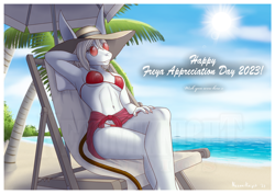 Size: 1800x1273 | Tagged: safe, artist:smaug, freya crescent (final fantasy), burmecian, mammal, rodent, anthro, final fantasy, square enix, 2023, armpits, arms behind head, beach, beach chair, beach umbrella, belly button, bikini, black nose, breasts, chair, clothes, detailed background, digital art, ears, female, fur, hair, looking at you, reasonably sized breasts, red bikini, red swimsuit, sarong, solo, solo female, straw hat, swimsuit, tail, thighs, umbrella, wide hips