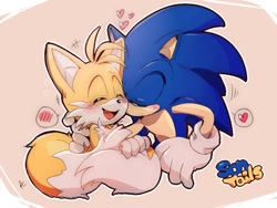 Size: 1400x1050 | Tagged: safe, artist:aogirinaru, miles "tails" prower (sonic), sonic the hedgehog (sonic), canine, fox, hedgehog, mammal, sega, sonic the hedgehog (series), abstract background, blushing, cute, duo, duo male, eyes closed, heart, kiss on the cheek, kissing, male, male/male, males only, shipping, smiling, sontails (sonic)