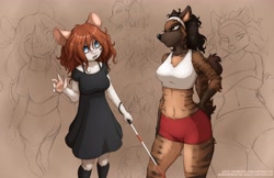 Size: 4096x2654 | Tagged: safe, artist:jay naylor, oc, oc:maya (jay naylor), oc:polly (jay naylor), hyena, mammal, mouse, rodent, striped hyena, anthro, black hair, blue eyes, bottomwear, brown body, brown eyes, brown fur, cane, clothes, digital art, dress, duo, duo female, ears, female, females only, fur, hair, red hair, shorts, sports bra, striped fur, tail, topwear, white body, white fur