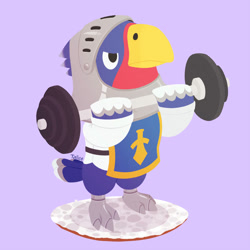 Size: 894x894 | Tagged: safe, artist:talicedraws, sterling (animal crossing), bird, bird of prey, eagle, semi-anthro, animal crossing, nintendo, 2d, dumbbells, holding, holding object, male, on model, purple background, signature, simple background, solo, solo male, standing