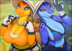 Size: 1500x1061 | Tagged: safe, alternate version, artist:vader-san, oc, oc:chico (vader-san), oc:mirty (vader-san), lizard, reptile, anthro, 2023, breasts, cleavage, clothes, duo, duo female, female, females only, hat, headwear, huge breasts, sun hat, topwear, wide hips