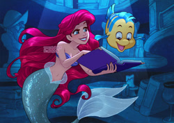 Size: 1063x752 | Tagged: safe, artist:hollybell, ariel (the little mermaid), flounder (the little mermaid), fictional species, fish, mammal, mermaid, feral, humanoid, disney, the little mermaid (disney), book, duo, female, grotto, hair, holding, holding book, holding object, male, mermaid tail, red hair, underwater, water